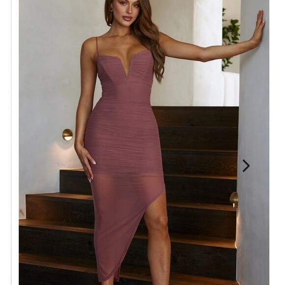 Selfie Leslie Good Vibes V-Bust Sheer Split Midi Dress Rose Blush Women's Size L - Picture 2 of 10